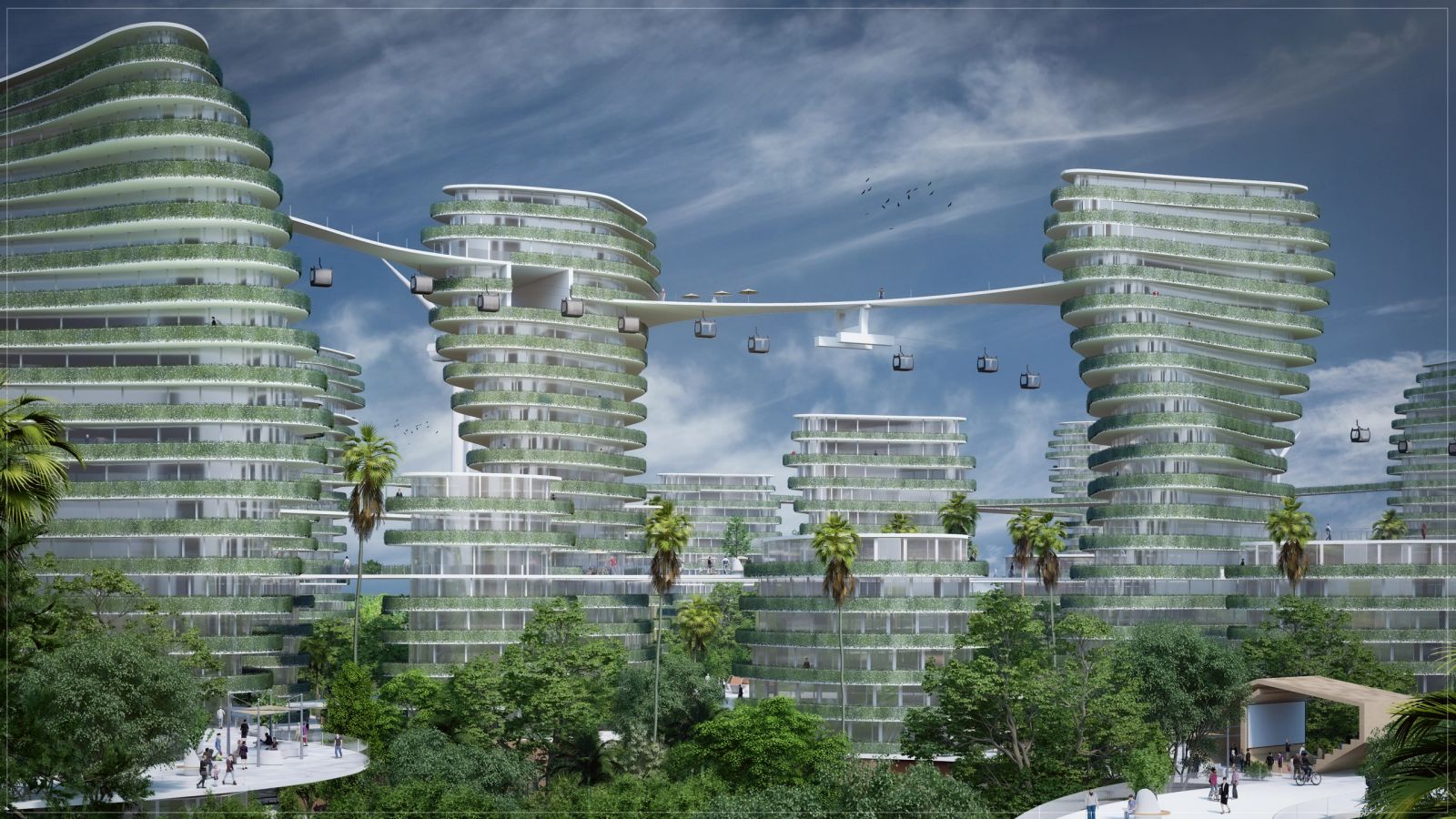 Architectural rendering of a green eco-city with planted terraces